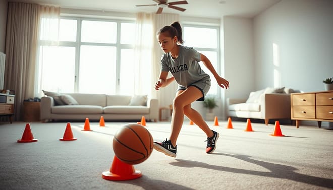 A young athlete engaged in an at-home practice micro-drill, demonstrating focus and determination. In the foreground, a teenage girl in a modest athletic outfit—t-shirt and shorts—performs a dribbling drill with a basketball, showcasing her skills and concentration. The middle ground features an organized setup with cones and markers spread out on a clean, well-lit living room floor, emphasizing a DIY training environment. In the background, a large window allows natural light to flood the space, casting soft shadows that create an uplifting atmosphere. The overall mood is energetic and motivational, capturing the essence of dedication and the importance of consistent practice at home. The scene is framed with a slightly low angle to highlight the athlete's movement and determination. A young athlete engaged in an at-home practice micro-drill, demonstrating focus and determination. In the foreground, a teenage girl in a modest athletic outfit—t-shirt and shorts—performs a dribbling drill with a basketball, showcasing her skills and concentration. The middle ground features an organized setup with cones and markers spread out on a clean, well-lit living room floor, emphasizing a DIY training environment. In the background, a large window allows natural light to flood the space, casting soft shadows that create an uplifting atmosphere. The overall mood is energetic and motivational, capturing the essence of dedication and the importance of consistent practice at home. The scene is framed with a slightly low angle to highlight the athlete's movement and determination.