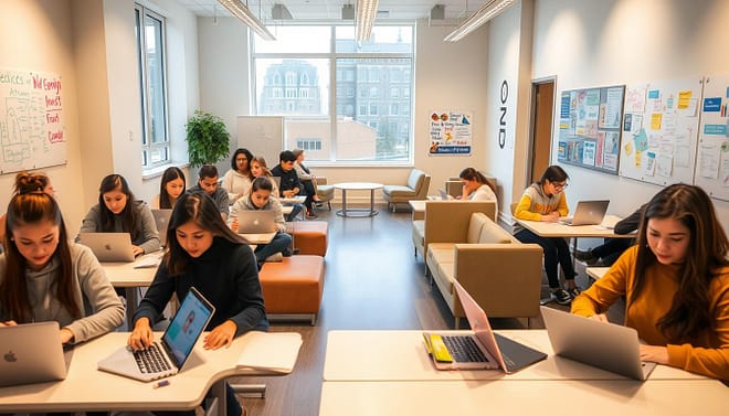 A bright, welcoming study space designed specifically for student-athletes. In the foreground, a group of diverse young students, dressed in modest casual clothing, are engaged in study sessions at modern desks with laptops and textbooks. In the middle ground, large windows allow natural light to flood the room, illuminating soft, comfortable seating areas and whiteboards filled with colorful notes and diagrams. The background features walls adorned with motivational posters related to academic achievement and sportsmanship. The atmosphere is focused yet relaxed, with warm lighting creating an inclusive and encouraging environment. The image is captured with a slightly elevated angle to showcase the entire space, emphasizing collaboration and support among the students. A bright, welcoming study space designed specifically for student-athletes. In the foreground, a group of diverse young students, dressed in modest casual clothing, are engaged in study sessions at modern desks with laptops and textbooks. In the middle ground, large windows allow natural light to flood the room, illuminating soft, comfortable seating areas and whiteboards filled with colorful notes and diagrams. The background features walls adorned with motivational posters related to academic achievement and sportsmanship. The atmosphere is focused yet relaxed, with warm lighting creating an inclusive and encouraging environment. The image is captured with a slightly elevated angle to showcase the entire space, emphasizing collaboration and support among the students.