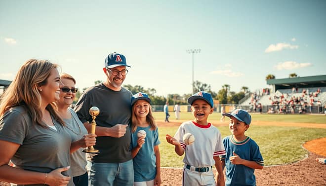 A heartwarming scene showcasing a group of proud parents gathered at a youth baseball field, emphasizing the theme of parental feedback. In the foreground, a diverse group of smiling parents, dressed in casual clothing, are animatedly discussing their children's recent baseball successes, with one holding a trophy. In the middle ground, young players are engaging in practice, displaying joy and enthusiasm as they field a baseball. The background features a sunny sky, with a well-maintained baseball diamond and cheering spectators in the stands, creating a vibrant, uplifting atmosphere. Natural lighting casts a warm glow over the scene, highlighting the expressions of pride and encouragement. The angle captures the camaraderie and community spirit of youth baseball, emphasizing the importance of parental support in cultivating confidence among young players. A heartwarming scene showcasing a group of proud parents gathered at a youth baseball field, emphasizing the theme of parental feedback. In the foreground, a diverse group of smiling parents, dressed in casual clothing, are animatedly discussing their children's recent baseball successes, with one holding a trophy. In the middle ground, young players are engaging in practice, displaying joy and enthusiasm as they field a baseball. The background features a sunny sky, with a well-maintained baseball diamond and cheering spectators in the stands, creating a vibrant, uplifting atmosphere. Natural lighting casts a warm glow over the scene, highlighting the expressions of pride and encouragement. The angle captures the camaraderie and community spirit of youth baseball, emphasizing the importance of parental support in cultivating confidence among young players.