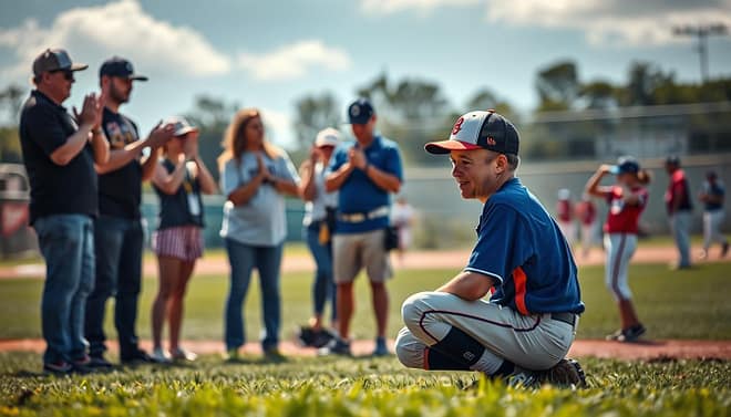 A tense yet supportive youth baseball tournament scene, focusing on managing emotions in young athletes. In the foreground, a coach in a casual polo shirt kneels beside a young player wearing a baseball cap, offering encouragement after a tough loss. The player visibly shows a mix of disappointment and determination. In the middle ground, excited parents cheer while others exchange anxious glances, reflecting a range of emotions. In the background, a brightly lit baseball diamond with players warming up for the next game under a sunny sky, adding to the dynamic atmosphere. Use a shallow depth of field to blur the background slightly, enhancing the focus on the interactions in the foreground. The overall mood balances tension and support, highlighting the emotional journey of competition. A tense yet supportive youth baseball tournament scene, focusing on managing emotions in young athletes. In the foreground, a coach in a casual polo shirt kneels beside a young player wearing a baseball cap, offering encouragement after a tough loss. The player visibly shows a mix of disappointment and determination. In the middle ground, excited parents cheer while others exchange anxious glances, reflecting a range of emotions. In the background, a brightly lit baseball diamond with players warming up for the next game under a sunny sky, adding to the dynamic atmosphere. Use a shallow depth of field to blur the background slightly, enhancing the focus on the interactions in the foreground. The overall mood balances tension and support, highlighting the emotional journey of competition.
