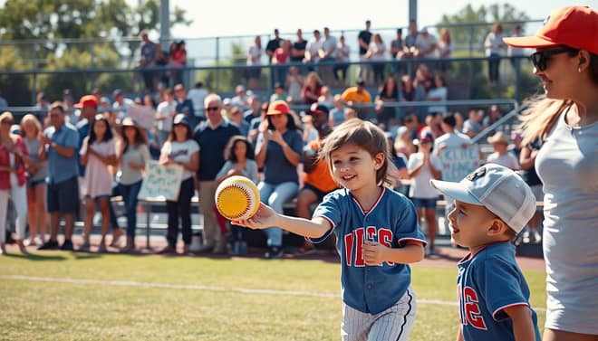A vibrant baseball park scene, teeming with families of diverse backgrounds enjoying a sunny day at a game. In the foreground, siblings of various ages, including a young girl in a pink cap and a boy in a blue jersey, are joyfully playing catch with a soft, colorful baseball. The middle ground features families gathered together, some cheering with homemade signs, and others sharing snacks, illustrating camaraderie. In the background, the baseball field is filled with players in matching uniforms, while a crowd of enthusiastic fans is shown seated in the bleachers, clapping and smiling. Soft, natural lighting creates a warm and inviting atmosphere, enhancing the mood of inclusion and fun. The image is captured from a slightly elevated angle, providing an overview of the lively scene. A vibrant baseball park scene, teeming with families of diverse backgrounds enjoying a sunny day at a game. In the foreground, siblings of various ages, including a young girl in a pink cap and a boy in a blue jersey, are joyfully playing catch with a soft, colorful baseball. The middle ground features families gathered together, some cheering with homemade signs, and others sharing snacks, illustrating camaraderie. In the background, the baseball field is filled with players in matching uniforms, while a crowd of enthusiastic fans is shown seated in the bleachers, clapping and smiling. Soft, natural lighting creates a warm and inviting atmosphere, enhancing the mood of inclusion and fun. The image is captured from a slightly elevated angle, providing an overview of the lively scene.