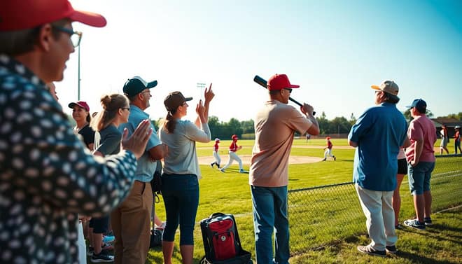 A vibrant scene depicting a parent support network at a youth baseball game. In the foreground, a diverse group of parents, dressed in casual and professional attire, enthusiastically cheering from the sidelines, showcasing camaraderie and support. In the middle ground, youth players in baseball uniforms are actively engaged in a game, fielding, and batting, embodying teamwork and excitement. The background features a sunlit baseball field with lush green grass and a clear blue sky, adding to the uplifting atmosphere. Soft natural lighting enhances the joy and connection among the parents and children, while a slight depth of field focuses on the interactions between the cheering parents and the action of the game. A vibrant scene depicting a parent support network at a youth baseball game. In the foreground, a diverse group of parents, dressed in casual and professional attire, enthusiastically cheering from the sidelines, showcasing camaraderie and support. In the middle ground, youth players in baseball uniforms are actively engaged in a game, fielding, and batting, embodying teamwork and excitement. The background features a sunlit baseball field with lush green grass and a clear blue sky, adding to the uplifting atmosphere. Soft natural lighting enhances the joy and connection among the parents and children, while a slight depth of field focuses on the interactions between the cheering parents and the action of the game.