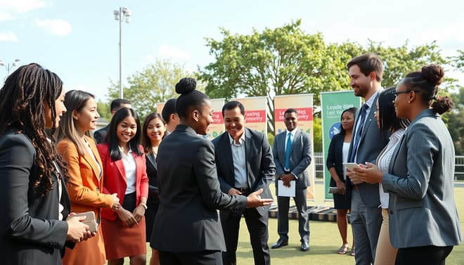 A vibrant scene depicting an academy's annual event focused on leadership drills. In the foreground, a diverse group of young leaders, dressed in smart business attire, engage in a teamwork exercise, showcasing collaboration and enthusiasm. In the middle ground, instructors offer guidance, exuding professionalism and encouragement, while strategically placed banners highlight the academy's values of leadership and community. The background features an outdoor setting with trees and clear skies, symbolizing growth and opportunity. Soft, natural lighting enhances the positive atmosphere, while a slightly elevated angle captures the dynamic interactions among participants. The overall mood is one of empowerment and camaraderie, reflecting the transformative impact of the academy's outreach efforts. A vibrant scene depicting an academy's annual event focused on leadership drills. In the foreground, a diverse group of young leaders, dressed in smart business attire, engage in a teamwork exercise, showcasing collaboration and enthusiasm. In the middle ground, instructors offer guidance, exuding professionalism and encouragement, while strategically placed banners highlight the academy's values of leadership and community. The background features an outdoor setting with trees and clear skies, symbolizing growth and opportunity. Soft, natural lighting enhances the positive atmosphere, while a slightly elevated angle captures the dynamic interactions among participants. The overall mood is one of empowerment and camaraderie, reflecting the transformative impact of the academy's outreach efforts.