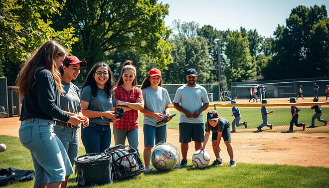 A vibrant youth baseball scene depicting a group of diverse young volunteers engaged in leadership activities. In the foreground, a group of enthusiastic teens, wearing modest casual clothing, is actively organizing baseball equipment, smiling, and collaborating. The middle ground features a youth baseball field with other kids practicing in the background, showcasing teamwork and sportsmanship. Bright sunlight illuminates the scene, casting natural shadows and creating a warm, inviting atmosphere. The angle captures the volunteers in an engaging discussion, with their faces expressing determination and joy. Lush green trees surround the field, enhancing the sense of community and connection. Overall, the image conveys a sense of purpose and the positive impact of volunteering in youth sports leadership. A vibrant youth baseball scene depicting a group of diverse young volunteers engaged in leadership activities. In the foreground, a group of enthusiastic teens, wearing modest casual clothing, is actively organizing baseball equipment, smiling, and collaborating. The middle ground features a youth baseball field with other kids practicing in the background, showcasing teamwork and sportsmanship. Bright sunlight illuminates the scene, casting natural shadows and creating a warm, inviting atmosphere. The angle captures the volunteers in an engaging discussion, with their faces expressing determination and joy. Lush green trees surround the field, enhancing the sense of community and connection. Overall, the image conveys a sense of purpose and the positive impact of volunteering in youth sports leadership.