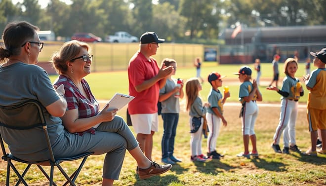 A vibrant youth baseball scene depicting a group of parents engaged in sideline etiquette during a game. In the foreground, a mother in modest casual clothing sits on a folding chair, cheering gently, while a father next to her takes notes on a clipboard. In the middle, various parents interact positively, clapping and supporting the players; some hold drinks, while others chat amicably, all reflecting a supportive atmosphere. In the background, a lively baseball diamond is filled with children in uniforms, showcasing a focus on teamwork and enjoyment. The lighting is warm and inviting, capturing a late afternoon sun, with a slightly blurred depth-of-field to emphasize the parents’ engagement. The mood is friendly and uplifting, conveying the essence of building positive routines in youth sports. A vibrant youth baseball scene depicting a group of parents engaged in sideline etiquette during a game. In the foreground, a mother in modest casual clothing sits on a folding chair, cheering gently, while a father next to her takes notes on a clipboard. In the middle, various parents interact positively, clapping and supporting the players; some hold drinks, while others chat amicably, all reflecting a supportive atmosphere. In the background, a lively baseball diamond is filled with children in uniforms, showcasing a focus on teamwork and enjoyment. The lighting is warm and inviting, capturing a late afternoon sun, with a slightly blurred depth-of-field to emphasize the parents’ engagement. The mood is friendly and uplifting, conveying the essence of building positive routines in youth sports.