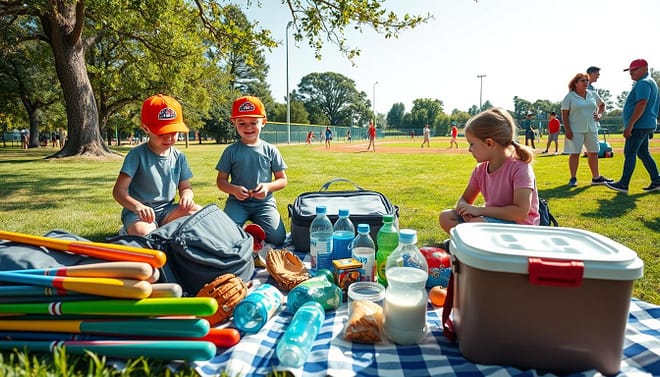 A vibrant youth baseball tournament packing scene in a sunny park. In the foreground, a family organizes gear: colorful baseball bats, gloves, and neatly packed backpacks. Two children, wearing matching baseball caps and modest athletic wear, excitedly handle the equipment. In the middle, a picnic blanket is spread out, showcasing healthy snacks and water bottles, with a cooler filled with refreshments. The background features a picturesque baseball field with young players practicing, surrounded by cheering parents. Bright blue skies and soft, diffused lighting create a warm, inviting atmosphere. The angle captures the essence of preparation and the excitement of the tournament day, focusing on family bonding and teamwork. A vibrant youth baseball tournament packing scene in a sunny park. In the foreground, a family organizes gear: colorful baseball bats, gloves, and neatly packed backpacks. Two children, wearing matching baseball caps and modest athletic wear, excitedly handle the equipment. In the middle, a picnic blanket is spread out, showcasing healthy snacks and water bottles, with a cooler filled with refreshments. The background features a picturesque baseball field with young players practicing, surrounded by cheering parents. Bright blue skies and soft, diffused lighting create a warm, inviting atmosphere. The angle captures the essence of preparation and the excitement of the tournament day, focusing on family bonding and teamwork.