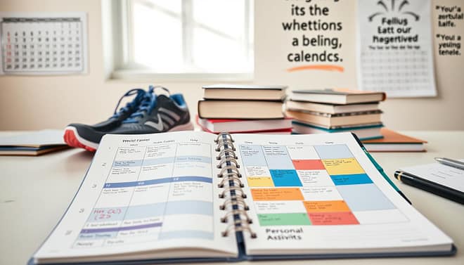 A visually engaging time management schedule designed for student athletes, featuring a color-coded planner spread across a well-organized desk. In the foreground, a sleek planner opened to a weekly schedule showing blocks of time for academics, training sessions, and personal activities, with notes and essential reminders. In the middle ground, a pair of running shoes and a stack of textbooks are casually placed, symbolizing the balance between athletics and studies. The background showcases a motivational wall with a calendar and inspirational quotes, illuminated by soft, natural lighting filtering through a window, creating an inviting and focused atmosphere. Capture the essence of discipline and balance that is crucial for young athletes. A visually engaging time management schedule designed for student athletes, featuring a color-coded planner spread across a well-organized desk. In the foreground, a sleek planner opened to a weekly schedule showing blocks of time for academics, training sessions, and personal activities, with notes and essential reminders. In the middle ground, a pair of running shoes and a stack of textbooks are casually placed, symbolizing the balance between athletics and studies. The background showcases a motivational wall with a calendar and inspirational quotes, illuminated by soft, natural lighting filtering through a window, creating an inviting and focused atmosphere. Capture the essence of discipline and balance that is crucial for young athletes.