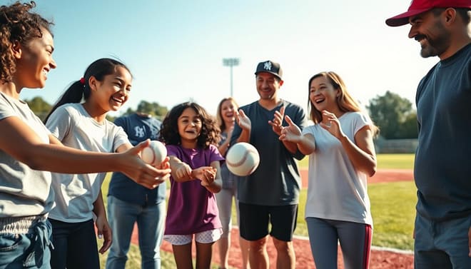 A warm and vibrant scene at a baseball academy, showcasing a family engaging in a sports tradition. In the foreground, siblings of diverse backgrounds, wearing comfortable casual sports attire, throw a baseball back and forth, laughter evident on their faces. The middle ground features their parents, cheering and encouraging them, capturing a sense of camaraderie and support. The background shows a well-kept baseball field, with bright green grass and a clear blue sky, hinting at a sunny, cheerful day. Soft, natural lighting enhances the joyful atmosphere, while a low-angle perspective highlights the family dynamic and the excitement of the game. The image conveys warmth, togetherness, and the spirit of family traditions in sports. A warm and vibrant scene at a baseball academy, showcasing a family engaging in a sports tradition. In the foreground, siblings of diverse backgrounds, wearing comfortable casual sports attire, throw a baseball back and forth, laughter evident on their faces. The middle ground features their parents, cheering and encouraging them, capturing a sense of camaraderie and support. The background shows a well-kept baseball field, with bright green grass and a clear blue sky, hinting at a sunny, cheerful day. Soft, natural lighting enhances the joyful atmosphere, while a low-angle perspective highlights the family dynamic and the excitement of the game. The image conveys warmth, togetherness, and the spirit of family traditions in sports.