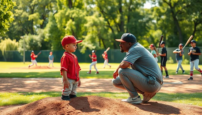A youth baseball scene capturing a diverse group of young players, ages 8-12, engaged in practice on a sunny afternoon. In the foreground, a shy, determined player in a bright red jersey stands at the pitcher's mound, focusing intently on a supportive coach, who is crouched beside him in modest casual attire, offering encouragement. In the middle ground, other teammates practice fielding and batting, showcasing teamwork and camaraderie, with a hint of nervous energy among some. The background features a vibrant baseball diamond surrounded by green trees, with dappled sunlight filtering through the leaves, creating a warm and uplifting atmosphere. The scene is shot at eye level, with soft focus on the distant players, emphasizing the main subjects while evoking a sense of inspiration and growth. A youth baseball scene capturing a diverse group of young players, ages 8-12, engaged in practice on a sunny afternoon. In the foreground, a shy, determined player in a bright red jersey stands at the pitcher's mound, focusing intently on a supportive coach, who is crouched beside him in modest casual attire, offering encouragement. In the middle ground, other teammates practice fielding and batting, showcasing teamwork and camaraderie, with a hint of nervous energy among some. The background features a vibrant baseball diamond surrounded by green trees, with dappled sunlight filtering through the leaves, creating a warm and uplifting atmosphere. The scene is shot at eye level, with soft focus on the distant players, emphasizing the main subjects while evoking a sense of inspiration and growth.