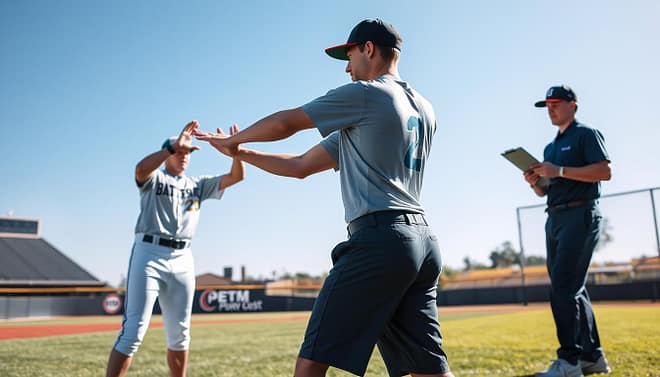 A baseball player in a dynamic warm-up session, demonstrating safety protocols on a training field. In the foreground, the player, a young athlete, is performing a stretch with proper form, wearing a fitted team jersey and athletic shorts, showcasing muscular definition while maintaining modesty. In the middle ground, a trainer is observing with a clipboard, ensuring safety compliance, dressed in professional sports attire. The background features a well-maintained baseball diamond under bright daylight, with clear blue skies. Soft shadows create depth, and vibrant colors evoke a motivating atmosphere. The image captures the essence of preparation and safety in athletic training, emphasizing the importance of protocols. A baseball player in a dynamic warm-up session, demonstrating safety protocols on a training field. In the foreground, the player, a young athlete, is performing a stretch with proper form, wearing a fitted team jersey and athletic shorts, showcasing muscular definition while maintaining modesty. In the middle ground, a trainer is observing with a clipboard, ensuring safety compliance, dressed in professional sports attire. The background features a well-maintained baseball diamond under bright daylight, with clear blue skies. Soft shadows create depth, and vibrant colors evoke a motivating atmosphere. The image captures the essence of preparation and safety in athletic training, emphasizing the importance of protocols.