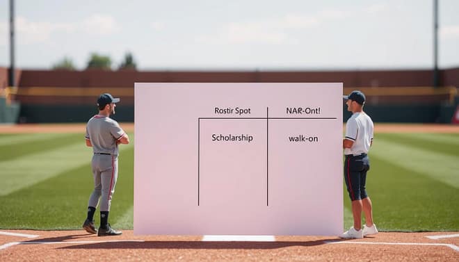 A decision matrix illustrating NCAA baseball recruiting rules, set on a clean, professional background. Foreground features a neatly designed flowchart with three main components: roster spot, scholarship, and walk-on, each distinctly labeled. Middle ground includes icons representing college baseball players in modest athletic gear, engaged in discussion and decision-making around the matrix. The background is a soft-focus baseball field under bright, natural lighting, enhancing the professional atmosphere. Use a slightly elevated angle to capture the matrix and participants efficiently. The mood should convey clarity and focus, suitable for those navigating collegiate recruiting processes, ensuring a thoughtful and organized representation of the decision-making framework.