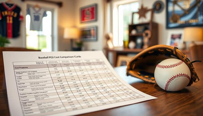 A detailed baseball program cost comparison scorecard displayed prominently on a wooden table. In the foreground, the scorecard features columns for various programs, including visuals of cost breakdowns, highlighted statistics, and scoring criteria. The middle ground includes a blurred baseball glove and ball, subtly suggesting the sport's context, while the background shows a softly lit room with a baseball-themed décor, such as framed jerseys and trophies to enhance the environment. Natural light filters through a nearby window, creating a warm, inviting atmosphere. The scene captures a sense of careful evaluation and decision-making, suitable for parents considering options for their child's participation in baseball. A detailed baseball program cost comparison scorecard displayed prominently on a wooden table. In the foreground, the scorecard features columns for various programs, including visuals of cost breakdowns, highlighted statistics, and scoring criteria. The middle ground includes a blurred baseball glove and ball, subtly suggesting the sport's context, while the background shows a softly lit room with a baseball-themed décor, such as framed jerseys and trophies to enhance the environment. Natural light filters through a nearby window, creating a warm, inviting atmosphere. The scene captures a sense of careful evaluation and decision-making, suitable for parents considering options for their child's participation in baseball.