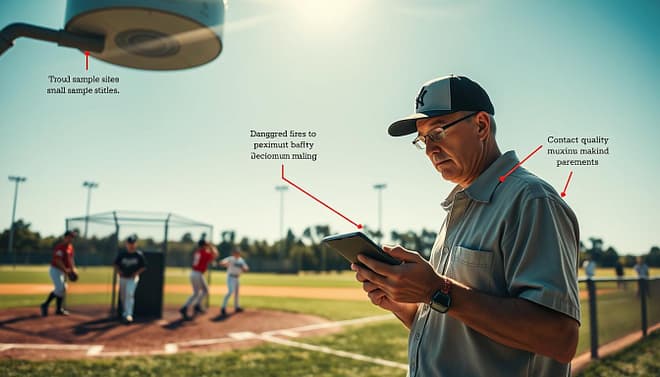 A detailed illustration of "Trackman data pitfalls" in youth baseball, focusing on key elements such as small sample sizes, the danger of chasing maximum performance metrics, and the importance of contact quality and decision making. In the foreground, a concerned coach analyzing data on a tablet, dressed in modest casual clothing. In the middle ground, a baseball field with players practicing, some near a Trackman device, while others demonstrate poor form or judgment, highlighting the pitfalls. The background features distant trees and a clear, sunny sky to create an uplifting yet serious atmosphere. Soft, even lighting with a slight lens flare to add dynamism, shot from a low angle to emphasize the coach’s focus and the players' activities, conveying the importance of making thoughtful data-driven decisions.