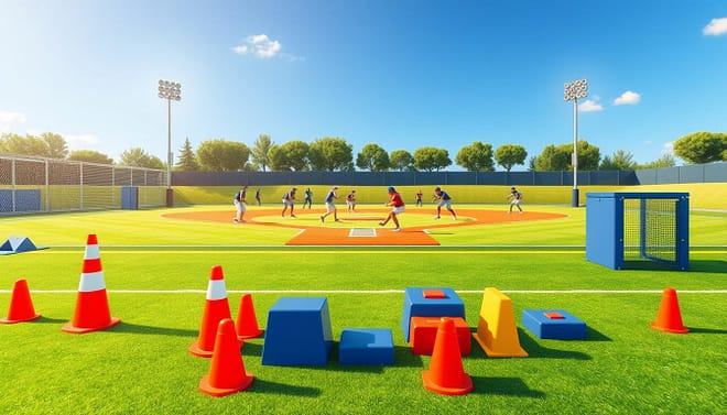 A detailed illustration of a baseball youth training blocks plan, prominently featuring various training modules. In the foreground, showcase a neatly organized training area with cones, agility ladders, and colorful training blocks, all designed for young athletes. In the middle ground, depict a dynamic scene of focused young players practicing pitching and batting techniques, all dressed in modest athletic wear. In the background, include a verdant baseball field under bright, natural lighting, with a clear blue sky. The atmosphere should exude energy and motivation, capturing the essence of youth training. Use a wide-angle lens to encompass the entire training setup while maintaining sharp detail in the foreground and background. A detailed illustration of a baseball youth training blocks plan, prominently featuring various training modules. In the foreground, showcase a neatly organized training area with cones, agility ladders, and colorful training blocks, all designed for young athletes. In the middle ground, depict a dynamic scene of focused young players practicing pitching and batting techniques, all dressed in modest athletic wear. In the background, include a verdant baseball field under bright, natural lighting, with a clear blue sky. The atmosphere should exude energy and motivation, capturing the essence of youth training. Use a wide-angle lens to encompass the entire training setup while maintaining sharp detail in the foreground and background.