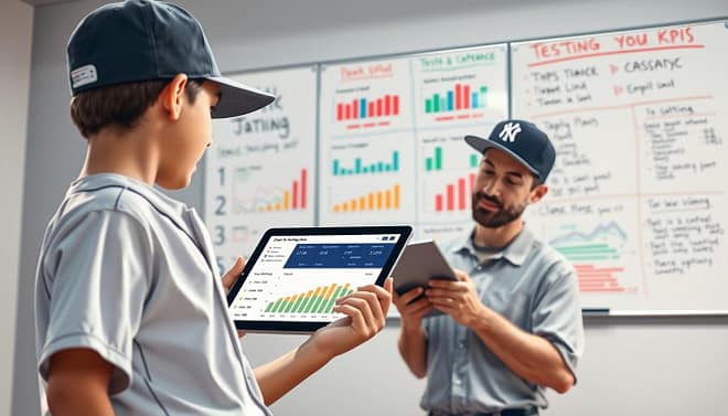 A dynamic illustration of a baseball analytical environment focusing on growth mindset metrics. In the foreground, a youth baseball player in modest casual clothing examines a tablet displaying digital metrics such as exit velocity (EV) and swing decision graphs. The middle ground features a coach with a clipboard guiding the player, encapsulating a supportive teaching moment. Behind them, a whiteboard filled with colorful charts and video notes, illustrating testing cadence and simple KPIs, highlights a structured training atmosphere. Soft, diffused lighting creates a focused yet inviting mood, while the camera angle showcases an upward perspective to emphasize progress and ambition in youth development. The overall scene embodies a passionate pursuit of improvement in baseball coaching. A dynamic illustration of a baseball analytical environment focusing on growth mindset metrics. In the foreground, a youth baseball player in modest casual clothing examines a tablet displaying digital metrics such as exit velocity (EV) and swing decision graphs. The middle ground features a coach with a clipboard guiding the player, encapsulating a supportive teaching moment. Behind them, a whiteboard filled with colorful charts and video notes, illustrating testing cadence and simple KPIs, highlights a structured training atmosphere. Soft, diffused lighting creates a focused yet inviting mood, while the camera angle showcases an upward perspective to emphasize progress and ambition in youth development. The overall scene embodies a passionate pursuit of improvement in baseball coaching.