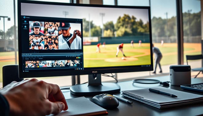 A dynamic, visually engaging scene focused on a college baseball highlight video, featuring a large computer monitor displaying an action-packed reel. In the foreground, a close-up of a hand clicking a mouse, emphasizing the editing process, while on the screen, clips of players showcasing their skills in a vibrant collage of game footage. The middle should capture a well-organized workspace with notepads and open tabs, indicating video hosting and sharing platforms. In the background, a soft-focus baseball field with players practicing under bright daylight, creating a motivating and inspiring atmosphere. The overall mood conveys professionalism and dedication, with natural light illuminating the scene, contrasting with the sharp focus on the video content.