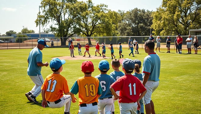 A dynamic youth baseball practice session set in a sunny, well-maintained baseball field. In the foreground, a group of young players, wearing colorful jerseys and caps, are engaged in a constraints-led drill, focused intently on their coach. The middle section features a small-sided game with two teams of players actively participating, showcasing their skills and creativity. The background includes parents observing with enthusiasm and trees swaying gently in the breeze. The scene is bathed in warm natural light, emphasizing the vibrancy of youth and teamwork. Capture the energy and excitement through a slightly elevated angle, as if from a coach’s perspective, to reflect both the instructional and playful aspects of the practice. A dynamic youth baseball practice session set in a sunny, well-maintained baseball field. In the foreground, a group of young players, wearing colorful jerseys and caps, are engaged in a constraints-led drill, focused intently on their coach. The middle section features a small-sided game with two teams of players actively participating, showcasing their skills and creativity. The background includes parents observing with enthusiasm and trees swaying gently in the breeze. The scene is bathed in warm natural light, emphasizing the vibrancy of youth and teamwork. Capture the energy and excitement through a slightly elevated angle, as if from a coach’s perspective, to reflect both the instructional and playful aspects of the practice.