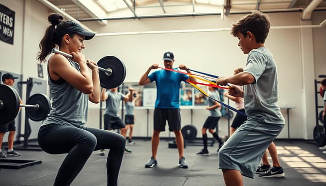 A dynamic youth baseball training scene set in a modern indoor gym, focused on strength conditioning for athletes aged 13–18. In the foreground, a diverse group of young athletes, dressed in modest workout attire, is engaged in various strength lifts: a teenage girl performs a squat with proper form, while a boy executes a hinge lift with a barbell. In the middle ground, another athlete is practicing a push/pull movement, using resistance bands, while a coach provides guidance nearby. The background features weightlifting equipment and motivational posters. Natural overhead lighting highlights the intensity of the workout, casting soft shadows that enhance the action. The overall atmosphere is energetic and focused, illustrating teamwork and determination in youth sports development.