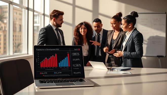 A highly detailed, professional setting representing "exposure vs development ROI calculation." In the foreground, a sleek, modern desk with a laptop displaying graphs and metrics related to ROI analysis. In the middle ground, a diverse group of three business professionals, dressed in smart casual attire, engaged in an animated discussion, pointing at the laptop screen. The background features large windows with soft, natural lighting, casting gentle shadows on the walls, enhancing the analytical atmosphere. A whiteboard is partially visible, covered in handwritten notes and calculations about costs and metrics. The overall mood is focused and collaborative, reflecting a serious yet constructive discussion about investment in athletic opportunities and their returns. Use a slightly elevated angle to give depth to the scene while highlighting the interaction.