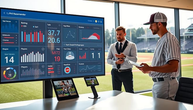 A modern baseball performance review dashboard set in a well-lit conference room. The foreground features a sleek, digital monitor displaying key performance indicators (KPIs) such as batting averages, strikeouts, and player stats. Beside the monitor, a tablet showcases video tag icons indicating recent game highlights. In the middle ground, a professional trainer in formal attire is analyzing data, while a focused baseball player, dressed in modest casual clothing, listens attentively, taking notes on a pad. The background includes a large window with a view of the baseball field, bathed in natural sunlight, enhancing the atmosphere of professionalism and collaboration. The overall mood is focused and productive, emphasizing teamwork and development in the sporting context. A modern baseball performance review dashboard set in a well-lit conference room. The foreground features a sleek, digital monitor displaying key performance indicators (KPIs) such as batting averages, strikeouts, and player stats. Beside the monitor, a tablet showcases video tag icons indicating recent game highlights. In the middle ground, a professional trainer in formal attire is analyzing data, while a focused baseball player, dressed in modest casual clothing, listens attentively, taking notes on a pad. The background includes a large window with a view of the baseball field, bathed in natural sunlight, enhancing the atmosphere of professionalism and collaboration. The overall mood is focused and productive, emphasizing teamwork and development in the sporting context.