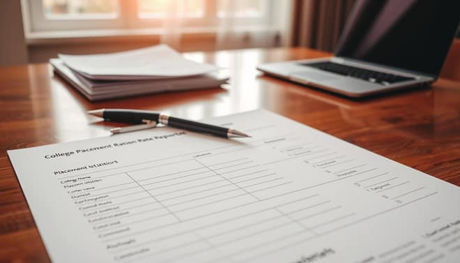 A professional, clean design of a college placement rate report template laid out on a polished wooden desk. In the foreground, the template prominently displays sections for college names, placement statistics, and contact information, with blank spaces for customizable fields. On the desk, a sleek pen and a laptop open to a related document hint at business activity. In the middle background, a soft-focus view shows a window with natural light streaming in, creating a bright, inviting atmosphere. The overall mood conveys professionalism and clarity, highlighting the seriousness of evaluating placement rates in youth sports. The composition is photographed from a slight overhead angle, allowing for a clear view of the document while maintaining a sense of depth and perspective. A professional, clean design of a college placement rate report template laid out on a polished wooden desk. In the foreground, the template prominently displays sections for college names, placement statistics, and contact information, with blank spaces for customizable fields. On the desk, a sleek pen and a laptop open to a related document hint at business activity. In the middle background, a soft-focus view shows a window with natural light streaming in, creating a bright, inviting atmosphere. The overall mood conveys professionalism and clarity, highlighting the seriousness of evaluating placement rates in youth sports. The composition is photographed from a slight overhead angle, allowing for a clear view of the document while maintaining a sense of depth and perspective.