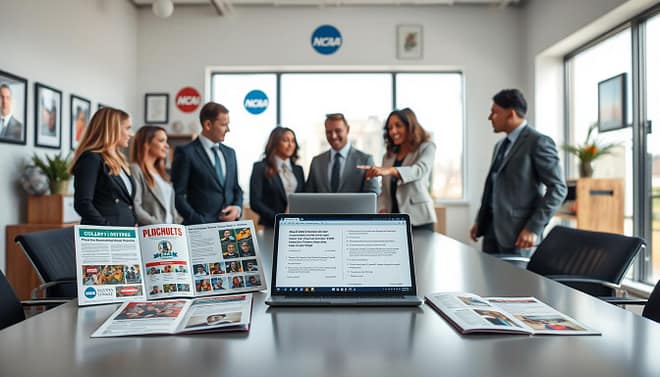 A professional office environment serving as a backdrop, showcasing a sleek conference table in the foreground. On the table, there are several open folders displaying colorful NCAA team rosters, recruitment brochures, and college coach testimonials, all neatly arranged. The middle ground features a group of diverse professionals in business attire engaged in discussion, with one person pointing to a laptop displaying a third-party database interface related to college placements. Soft, natural lighting streams in from large windows, creating an inviting atmosphere. In the background, shelves lined with sports memorabilia and framed NCAA logos add authenticity. The scene conveys a sense of diligence and professionalism, highlighting the various methods used to verify college placement claims in youth sports. A professional office environment serving as a backdrop, showcasing a sleek conference table in the foreground. On the table, there are several open folders displaying colorful NCAA team rosters, recruitment brochures, and college coach testimonials, all neatly arranged. The middle ground features a group of diverse professionals in business attire engaged in discussion, with one person pointing to a laptop displaying a third-party database interface related to college placements. Soft, natural lighting streams in from large windows, creating an inviting atmosphere. In the background, shelves lined with sports memorabilia and framed NCAA logos add authenticity. The scene conveys a sense of diligence and professionalism, highlighting the various methods used to verify college placement claims in youth sports.