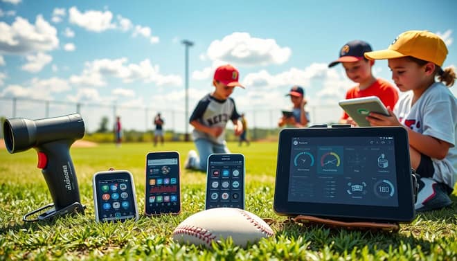 A vibrant composition showcasing an affordable youth baseball tech starter kit, priced under $500. In the foreground, neatly arranged are various tech gadgets like a portable radar gun, a smartphone with baseball apps displayed, a youth-sized glove, and a small tablet showing analytical data. The middle ground features a bright baseball field with young players practicing, dressed in modest athletic gear, engaging with the tech devices. In the background, a sunny sky enhances the cheerful atmosphere, with scattered clouds adding depth. The lighting is bright and natural, casting soft shadows to create a warm, inviting mood. The camera angle is slightly elevated, providing a comprehensive view of the tech in action, exuding excitement and accessibility in youth baseball training.