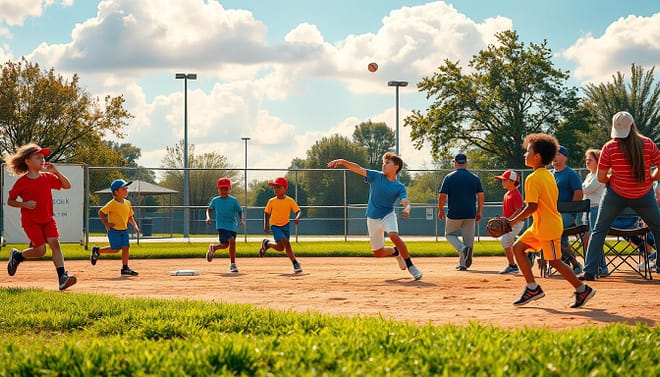 A vibrant scene depicting a youth baseball practice in a community park, illustrating the time commitment and balance needed for young athletes. In the foreground, a diverse group of kids, aged 10-14, wearing colorful team uniforms, are actively engaged in practice, some running bases, others throwing and catching a baseball. In the middle ground, parents observe from folding chairs, some taking notes or helping with snacks, showcasing the support system. The background features a baseball diamond with a bright sky, fluffy clouds, and trees, adding a sense of community. The lighting is warm and inviting, suggesting either late afternoon soft sunlight or early evening golden hour, evoking feelings of camaraderie and dedication. This captures the essence of balancing sports, academics, and social life. A vibrant scene depicting a youth baseball practice in a community park, illustrating the time commitment and balance needed for young athletes. In the foreground, a diverse group of kids, aged 10-14, wearing colorful team uniforms, are actively engaged in practice, some running bases, others throwing and catching a baseball. In the middle ground, parents observe from folding chairs, some taking notes or helping with snacks, showcasing the support system. The background features a baseball diamond with a bright sky, fluffy clouds, and trees, adding a sense of community. The lighting is warm and inviting, suggesting either late afternoon soft sunlight or early evening golden hour, evoking feelings of camaraderie and dedication. This captures the essence of balancing sports, academics, and social life.