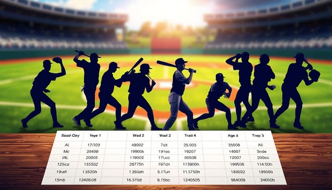 A visually engaging and informative illustration of a baseball recruiting calendar by position and age, prominently featuring diverse baseball player silhouettes in action poses representing pitchers, infielders, outfielders, and catchers. In the foreground, a table with clearly defined timelines and age categories awaits, emphasizing the grad years alongside each position. The middle ground shows a blurred field backdrop with vibrant green grass and a clear blue sky, symbolizing the excitement of summer camps and tournaments. Above, soft, natural lighting bathes the scene, creating a warm and inviting atmosphere. The overall mood conveys professionalism and enthusiasm for the sport, designed to attract young athletes and their families, while avoiding any text or logos in the image.