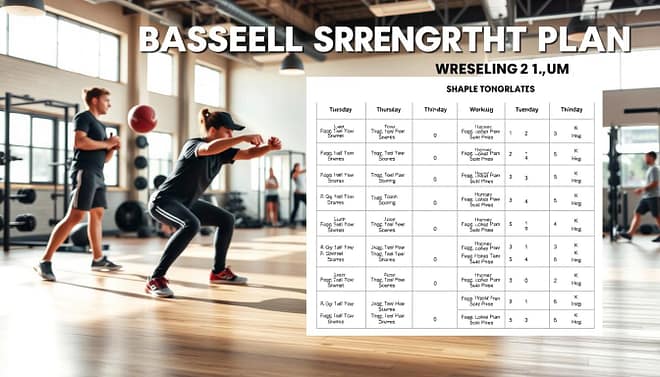 A visually engaging sample template for a youth baseball strength plan, featuring a two-day and three-day training schedule. In the foreground, a clean, organized workout chart displays various exercises with clear bullet points and sections for progression tracking. The middle ground features athletes in professional athletic wear engaged in strength training exercises—such as squats and medicine ball throws—under the guidance of a coach, demonstrating proper form. The background showcases a well-equipped gym with weights and training equipment, bathed in natural daylight coming through large windows, creating an energetic atmosphere. The image should have a clear focus and depth, captured from a slightly elevated angle to emphasize both the template and the athletes in action, conveying motivation and a sense of organized training.