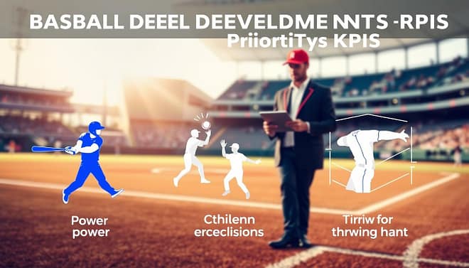 A visually striking infographic showcasing baseball development priorities KPIs, featuring a dynamic layout. In the foreground, a baseball field with symbols representing three key priorities: a muscular player hitting a baseball to signify power, an athlete making a precise catch for contact decisions, and a diagram of a throwing arm to illustrate throwing health, all depicted with vibrant colors. The middle ground should include a trainer analyzing data on a tablet, dressed in professional sports attire, exuding focus and determination. In the background, a blurred baseball stadium under bright daylight, with fans in the stands, creating an atmosphere of enthusiasm and progress. Soft lighting highlights the players and the trainer for a motivational feel. The overall mood is inspiring and professional, perfect for illustrating the essence of strategic player development. A visually striking infographic showcasing baseball development priorities KPIs, featuring a dynamic layout. In the foreground, a baseball field with symbols representing three key priorities: a muscular player hitting a baseball to signify power, an athlete making a precise catch for contact decisions, and a diagram of a throwing arm to illustrate throwing health, all depicted with vibrant colors. The middle ground should include a trainer analyzing data on a tablet, dressed in professional sports attire, exuding focus and determination. In the background, a blurred baseball stadium under bright daylight, with fans in the stands, creating an atmosphere of enthusiasm and progress. Soft lighting highlights the players and the trainer for a motivational feel. The overall mood is inspiring and professional, perfect for illustrating the essence of strategic player development.