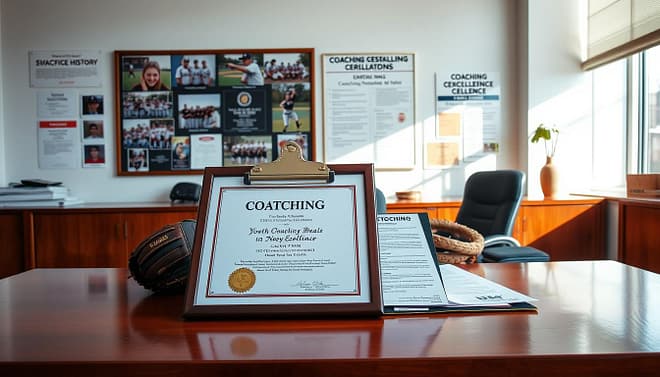 A well-organized coaching credentials display on a polished wooden desk in a bright, spacious office. In the foreground, a framed coaching certification with a gold seal and a clipboard showcasing a detailed practice plan, neatly arranged alongside a pair of baseball gloves. The middle ground features a bulletin board filled with photos of successful teams, testimonials, and coaching history accolades. In the background, a large window allows natural light to flood the room, casting soft shadows across the desk. The atmosphere is professional yet inviting, reflecting a serious commitment to coaching excellence. The image focuses on a clean, uncluttered layout, highlighting the importance of coaching quality in youth baseball programs, with no people present. A well-organized coaching credentials display on a polished wooden desk in a bright, spacious office. In the foreground, a framed coaching certification with a gold seal and a clipboard showcasing a detailed practice plan, neatly arranged alongside a pair of baseball gloves. The middle ground features a bulletin board filled with photos of successful teams, testimonials, and coaching history accolades. In the background, a large window allows natural light to flood the room, casting soft shadows across the desk. The atmosphere is professional yet inviting, reflecting a serious commitment to coaching excellence. The image focuses on a clean, uncluttered layout, highlighting the importance of coaching quality in youth baseball programs, with no people present.