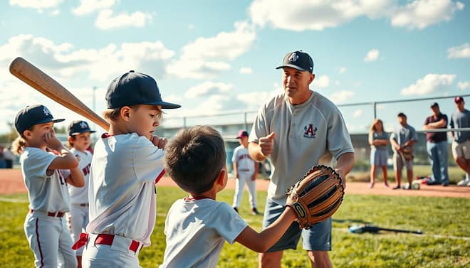 A youth baseball coach, wearing a branded cap and a light jersey, is actively teaching young players on a vibrant baseball field. In the foreground, a diverse group of children, ages 8 to 12, practice batting and fielding techniques, showcasing focused expressions and enthusiasm. One child, poised to swing a bat, has a determined look, while another catches a ball with a glove. In the middle ground, the coach provides guidance, demonstrating proper stance and grip, with various baseball equipment scattered around. The background features a bright blue sky with fluffy clouds, and parents watching from the sidelines, capturing the community atmosphere. Soft, natural lighting highlights the lush green grass and gives a warm, supportive feel to the scene, embodying the spirit of youth baseball coaching and player development. A youth baseball coach, wearing a branded cap and a light jersey, is actively teaching young players on a vibrant baseball field. In the foreground, a diverse group of children, ages 8 to 12, practice batting and fielding techniques, showcasing focused expressions and enthusiasm. One child, poised to swing a bat, has a determined look, while another catches a ball with a glove. In the middle ground, the coach provides guidance, demonstrating proper stance and grip, with various baseball equipment scattered around. The background features a bright blue sky with fluffy clouds, and parents watching from the sidelines, capturing the community atmosphere. Soft, natural lighting highlights the lush green grass and gives a warm, supportive feel to the scene, embodying the spirit of youth baseball coaching and player development.