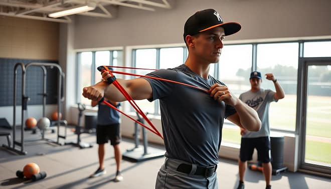 A baseball player performing an arm care routine in a well-lit training facility. In the foreground, a young athlete, dressed in a fitted, modest athletic shirt and shorts, is stretching and strengthening the rotator cuff with resistance bands. The middle ground features exercise equipment, including a medicine ball and light weights, alongside a coach demonstrating proper throwing techniques, both focused on injury prevention. In the background, large windows allow natural light to flood the space, illuminating a baseball field outside. The atmosphere is energetic yet professional, showcasing the importance of routine in maintaining arm health for baseball players. The image should capture an engaging moment of training and commitment without any text or distractions.