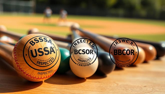A close-up view of various baseball bats arranged on a wooden table, showcasing their certification stamps, including USSSA and BBCOR. In the foreground, focus on an inspected bat with clear certification stamps displayed prominently. The middle scene features additional bats in different lengths and weight configurations, illustrating the drop weights and matching lengths suitable for various ages and strengths. The background includes a soft blur of a baseball field, enhancing the theme of the sport. Utilize natural lighting that casts soft shadows, creating a warm atmosphere. Capture the image with a shallow depth of field using a 50mm lens at an eye-level angle to emphasize the bats and convey a sense of authenticity and engagement with youth sports gear. A close-up view of various baseball bats arranged on a wooden table, showcasing their certification stamps, including USSSA and BBCOR. In the foreground, focus on an inspected bat with clear certification stamps displayed prominently. The middle scene features additional bats in different lengths and weight configurations, illustrating the drop weights and matching lengths suitable for various ages and strengths. The background includes a soft blur of a baseball field, enhancing the theme of the sport. Utilize natural lighting that casts soft shadows, creating a warm atmosphere. Capture the image with a shallow depth of field using a 50mm lens at an eye-level angle to emphasize the bats and convey a sense of authenticity and engagement with youth sports gear.
