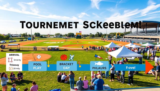 A detailed and organized tournament schedule for a sports weekend, displayed as a timeline. The foreground features a vibrant graphic timeline divided into segments: 'Arrival', 'Pool Play', 'Bracket Day', and 'Recovery Travel,' each illustrated with relevant sports icons such as baseballs, bats, and fish. In the middle, a serene outdoor venue setup, with well-groomed baseball fields and tents for family gatherings, surrounded by enthusiastic families and players in modest casual attire. The background showcases a clear blue Texas sky with subtle wispy clouds, suggesting a warm, inviting atmosphere. The lighting is bright and cheerful, capturing the energy of the event, with a focus on the timeline. The overall mood is lively yet organized, reflecting a successful tournament weekend. A detailed and organized tournament schedule for a sports weekend, displayed as a timeline. The foreground features a vibrant graphic timeline divided into segments: 'Arrival', 'Pool Play', 'Bracket Day', and 'Recovery Travel,' each illustrated with relevant sports icons such as baseballs, bats, and fish. In the middle, a serene outdoor venue setup, with well-groomed baseball fields and tents for family gatherings, surrounded by enthusiastic families and players in modest casual attire. The background showcases a clear blue Texas sky with subtle wispy clouds, suggesting a warm, inviting atmosphere. The lighting is bright and cheerful, capturing the energy of the event, with a focus on the timeline. The overall mood is lively yet organized, reflecting a successful tournament weekend.
