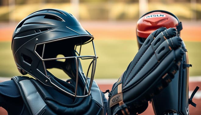 A detailed composition of high-quality catcher’s gear, prominently featuring a modern helmet, chest protector, shin guards, and a catcher's mitt. The foreground showcases the gear with a sleek design, emphasizing its protective features and vibrant colors, while the middle ground includes soft lighting that highlights the gear's textures and materials. The background displays a blurred baseball field, hinting at an active game atmosphere. The angle captures the gear from a slight above perspective, allowing the viewer to appreciate the reflective surfaces and intricate details. The mood is dynamic and focused, conveying a sense of safety and readiness for play. A detailed composition of high-quality catcher’s gear, prominently featuring a modern helmet, chest protector, shin guards, and a catcher's mitt. The foreground showcases the gear with a sleek design, emphasizing its protective features and vibrant colors, while the middle ground includes soft lighting that highlights the gear's textures and materials. The background displays a blurred baseball field, hinting at an active game atmosphere. The angle captures the gear from a slight above perspective, allowing the viewer to appreciate the reflective surfaces and intricate details. The mood is dynamic and focused, conveying a sense of safety and readiness for play.