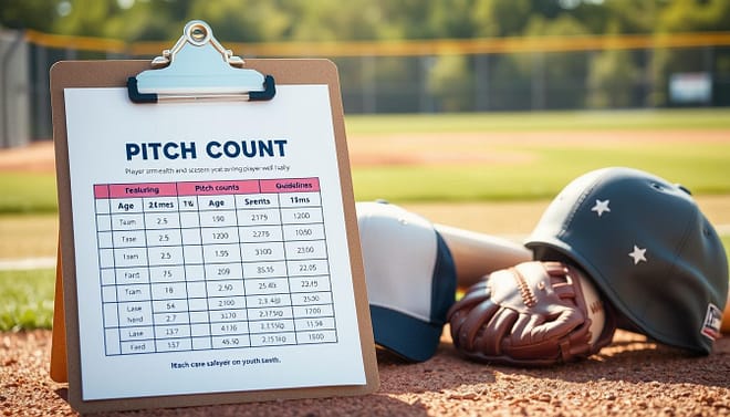 A detailed visual representation of "pitch counts" in the context of youth baseball. In the foreground, a clipboard displaying a clear pitch count chart with age-specific guidelines, featuring metrics for arm health and safety. The middle section includes a set of baseball gear—gloves, a cap, and a bat—symbolizing teamwork and preparation. In the background, a baseball field is visible under a bright afternoon sun, casting warm light over the scene. The mood is professional yet approachable, embodying a focus on player well-being. The composition should evoke a sense of responsibility and care, with an emphasis on safety and compliance in youth baseball practices, presenting a harmonious blend of sportsmanship and health awareness. A detailed visual representation of "pitch counts" in the context of youth baseball. In the foreground, a clipboard displaying a clear pitch count chart with age-specific guidelines, featuring metrics for arm health and safety. The middle section includes a set of baseball gear—gloves, a cap, and a bat—symbolizing teamwork and preparation. In the background, a baseball field is visible under a bright afternoon sun, casting warm light over the scene. The mood is professional yet approachable, embodying a focus on player well-being. The composition should evoke a sense of responsibility and care, with an emphasis on safety and compliance in youth baseball practices, presenting a harmonious blend of sportsmanship and health awareness.