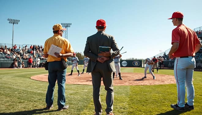 A dynamic scene capturing a strategic baseball showcase selection event targeted at teenage athletes aged 14-18. In the foreground, a group of three coaches, dressed in professional attire, are evaluating players on a well-manicured baseball field, using clipboards and stopwatches. The middle ground features several young athletes actively engaged in various drills, showcasing their skills, all wearing modest baseball uniforms. The background includes a crowd of enthusiastic family members watching from the stands, conveying a supportive atmosphere. The lighting is bright, showcasing a clear blue sky, and the shot is taken from a slightly elevated angle to capture the full setting. The mood is focused and professional, emphasizing the importance of making strategic choices in the college recruiting process. A dynamic scene capturing a strategic baseball showcase selection event targeted at teenage athletes aged 14-18. In the foreground, a group of three coaches, dressed in professional attire, are evaluating players on a well-manicured baseball field, using clipboards and stopwatches. The middle ground features several young athletes actively engaged in various drills, showcasing their skills, all wearing modest baseball uniforms. The background includes a crowd of enthusiastic family members watching from the stands, conveying a supportive atmosphere. The lighting is bright, showcasing a clear blue sky, and the shot is taken from a slightly elevated angle to capture the full setting. The mood is focused and professional, emphasizing the importance of making strategic choices in the college recruiting process.