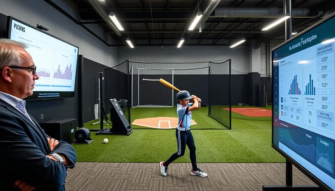 A modern indoor training facility showcasing advanced technology for baseball training. In the foreground, a large screen displays real-time progress reports on pitching, hitting, and fielding stats, with graphs and metrics visible. To the left, a parent, dressed in business casual attire, attentively observes the information with a thoughtful expression. In the middle, a young athlete practices swinging a bat, with a high-tech pitching machine visible nearby. The background features various training equipment, like a pitching mound and fielding nets, under bright fluorescent lighting. The overall atmosphere is focused and encouraging, with a sense of professionalism and dedication to player development. The scene is captured with a wide-angle lens to encompass the entire training space. A modern indoor training facility showcasing advanced technology for baseball training. In the foreground, a large screen displays real-time progress reports on pitching, hitting, and fielding stats, with graphs and metrics visible. To the left, a parent, dressed in business casual attire, attentively observes the information with a thoughtful expression. In the middle, a young athlete practices swinging a bat, with a high-tech pitching machine visible nearby. The background features various training equipment, like a pitching mound and fielding nets, under bright fluorescent lighting. The overall atmosphere is focused and encouraging, with a sense of professionalism and dedication to player development. The scene is captured with a wide-angle lens to encompass the entire training space.