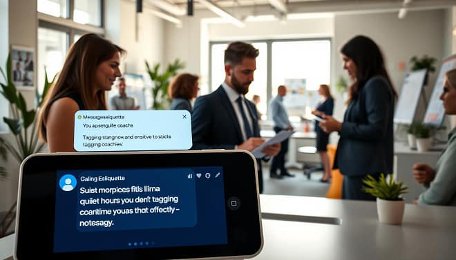A modern office setting highlighting effective team messaging alerts. In the foreground, a sleek digital device displays glowing notifications in a user-friendly interface, emphasizing message etiquette like 'quiet hours' and ‘tagging coaches’. The middle ground features a diverse group of professionals in business attire engaged in focused discussions, with one person discreetly jotting down private notes for sensitive topics. The background reveals a bright, airy workspace decorated with plants and collaborative elements like whiteboards and pinboards. Soft, natural lighting filters in through large windows, creating a warm and inviting atmosphere, conveying professionalism and clarity of communication. The overall mood is one of productive teamwork, respect, and thoughtful interaction.