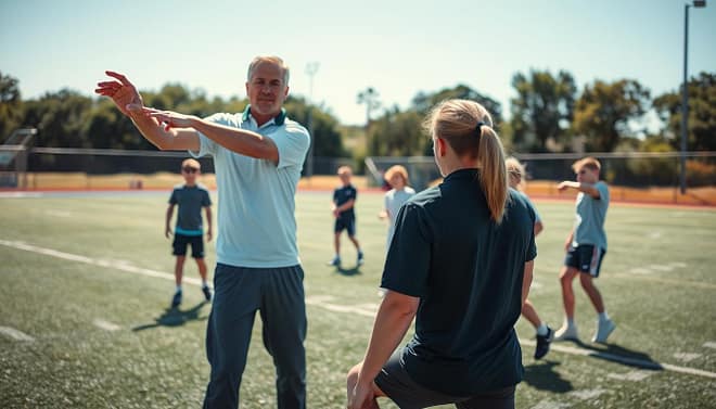 A professional sports coach supervising a group of young athletes during a return-to-play training session on an outdoor athletic field. In the foreground, the coach, wearing a smart polo shirt and athletic pants, demonstrates a safe stretching technique while attentively watching the athletes. In the middle of the image, several young athletes, dressed in modest athletic gear, are performing various strength and agility drills under the coach's guidance. In the background, a bright blue sky contrasts with the lush green field, adding an energetic and safe atmosphere. Natural sunlight casts soft shadows, enhancing the focus on the coach and the athletes. The overall mood is dynamic yet reassuring, encapsulating the importance of safety and supervision in sports training.