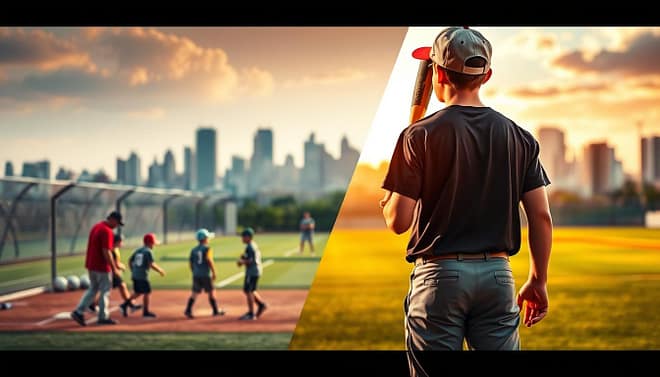 A split-scene image illustrating the concept of "Balancing Exposure and Development" in youth sports recruiting. In the foreground, a young athlete in professional sports attire stands confidently, holding a baseball bat and looking towards a bustling travel scene, symbolizing exposure opportunities. In the middle ground, a training session unfolds with a coach guiding a group of young players practicing drills on a well-maintained field, capturing the essence of skill development. In the background, a blurred city skyline hints at various travel destinations, suggesting the balance between training and traveling for competitions. The lighting is warm and inviting, with a golden hour glow that conveys hope and ambition. The overall mood is dynamic and motivational, highlighting the journey of a young athlete balancing training and travel in their quest for success. A split-scene image illustrating the concept of "Balancing Exposure and Development" in youth sports recruiting. In the foreground, a young athlete in professional sports attire stands confidently, holding a baseball bat and looking towards a bustling travel scene, symbolizing exposure opportunities. In the middle ground, a training session unfolds with a coach guiding a group of young players practicing drills on a well-maintained field, capturing the essence of skill development. In the background, a blurred city skyline hints at various travel destinations, suggesting the balance between training and traveling for competitions. The lighting is warm and inviting, with a golden hour glow that conveys hope and ambition. The overall mood is dynamic and motivational, highlighting the journey of a young athlete balancing training and travel in their quest for success.