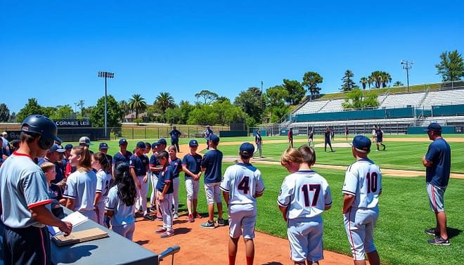 A sunny baseball field on evaluation day for youth players. In the foreground, a diverse group of young athletes in modest, professional sports attire is gathered at a check-in desk, receiving instructions from a coach. In the middle ground, players are engaged in warm-up stretching exercises, while others practice timed drills in small groups, showcasing their skills. Coaches are observing closely to evaluate each player's performance, clipboard in hand. In the background, the baseball diamond is visible under clear blue skies, with well-maintained facilities and safety cones marking different drill areas. The atmosphere is energetic and focused, filled with anticipation as everyone prepares for live reps. Use natural lighting to enhance the vibrant colors of the jerseys and the lush green field, captured from a slightly elevated angle to provide a comprehensive view.