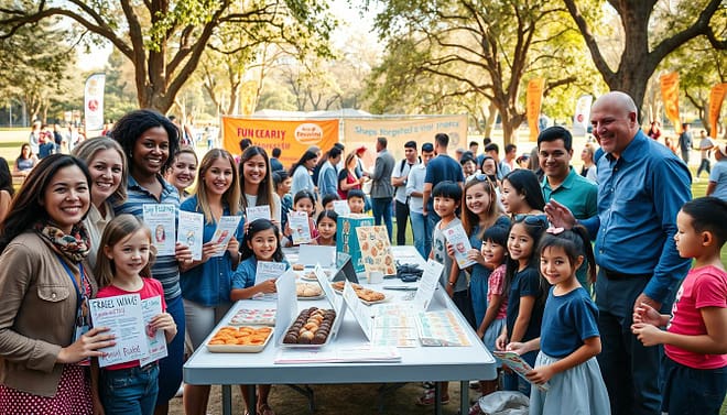 A vibrant and engaging scene depicting a successful team fundraising event. In the foreground, a diverse group of adults and children wearing smart casual clothing, smiling and interacting while showcasing their fundraising efforts, such as showing off hand-drawn posters and colorful raffle tickets. The middle ground features tables adorned with baked goods and informative flyers about sponsorship letters and service events, surrounded by enthusiastic attendees sharing their experiences. In the background, a sunny park setting with trees and banners promoting the event, creating a lively atmosphere. The scene is bathed in soft, natural lighting to convey warmth and positivity, captured from a slightly elevated angle to encompass the full scope of the event's excitement and teamwork. A vibrant and engaging scene depicting a successful team fundraising event. In the foreground, a diverse group of adults and children wearing smart casual clothing, smiling and interacting while showcasing their fundraising efforts, such as showing off hand-drawn posters and colorful raffle tickets. The middle ground features tables adorned with baked goods and informative flyers about sponsorship letters and service events, surrounded by enthusiastic attendees sharing their experiences. In the background, a sunny park setting with trees and banners promoting the event, creating a lively atmosphere. The scene is bathed in soft, natural lighting to convey warmth and positivity, captured from a slightly elevated angle to encompass the full scope of the event's excitement and teamwork.