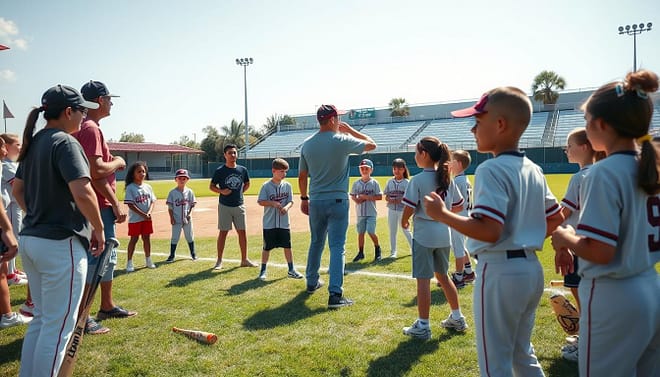 A vibrant baseball practice scene capturing new players and families on a sunny afternoon. In the foreground, a diverse group of children in matching team jerseys and modest athletic wear is warming up, stretching and practicing basic throwing techniques. Some parents observe, engaging in warm conversations, making the atmosphere supportive and welcoming. The middle ground features a coach demonstrating a warm-up drill, with enthusiasm and encouragement, while players listen attentively and take notes. In the background, a well-maintained baseball field with fresh grass and clear blue skies sets the scene, complete with practice equipment like bats and balls scattered around. Soft, natural lighting enhances the cheerful ambiance, creating a sense of excitement and community among all participants.
