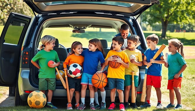 A vibrant scene depicting a group of happy children, aged 8-12, preparing for a carpool representing their sports team. In the foreground, five kids in colorful uniforms, each holding sports equipment like soccer balls, basketballs, and baseball bats, are happily chatting and laughing as they gather by a minivan. The middle ground shows two parents, casually dressed, helping to organize the kids and load gear into the vehicle. In the background, a sunny park setting is visible with green grass and trees, indicating a sports field nearby. The lighting is bright and cheerful, conveying a sense of warmth and community, captured from a slightly low angle to emphasize the kids' excitement and sense of connection.