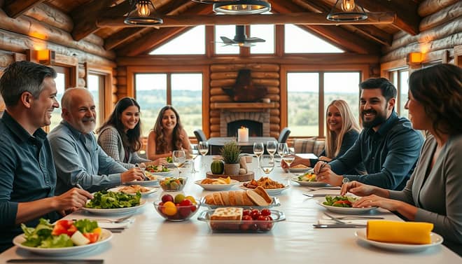 A visually engaging scene showcasing a group of diverse team members seated at a long dining table in a well-lit lodge, sharing a meal together, promoting a sense of camaraderie. In the foreground, a neatly arranged table is filled with allergy-aware meal options, such as salads, gluten-free dishes, and fresh fruit. In the middle ground, smiling individuals in professional casual attire are discussing their experiences and engaging with each other, reflecting team spirit and respect for dietary needs. In the background, a cozy lodge interior with wooden beams and warm lighting creates a welcoming atmosphere, while a view of a beautiful Texas landscape through large windows adds to the serene ambiance. The image conveys a warm, inclusive vibe, emphasizing community, safety, and shared experiences. A visually engaging scene showcasing a group of diverse team members seated at a long dining table in a well-lit lodge, sharing a meal together, promoting a sense of camaraderie. In the foreground, a neatly arranged table is filled with allergy-aware meal options, such as salads, gluten-free dishes, and fresh fruit. In the middle ground, smiling individuals in professional casual attire are discussing their experiences and engaging with each other, reflecting team spirit and respect for dietary needs. In the background, a cozy lodge interior with wooden beams and warm lighting creates a welcoming atmosphere, while a view of a beautiful Texas landscape through large windows adds to the serene ambiance. The image conveys a warm, inclusive vibe, emphasizing community, safety, and shared experiences.