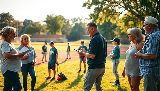 A warm, inviting outdoor scene depicting a baseball field just after tryouts have concluded. In the foreground, a group of parents is engaged in conversation, dressed in modest casual clothing, discussing their children's performances. A parent is holding a clipboard with notes, while another is checking a smartphone for updates. In the middle ground, young players are seen gathering their gear, with some looking excited and others contemplative. The background features the baseball diamond under soft, late-afternoon sunlight, casting gentle shadows. The atmosphere is supportive and hopeful, with trees swaying slightly in a light breeze. This image conveys a sense of community and anticipation for feedback and next steps after tryouts.