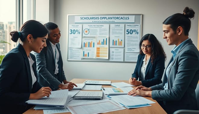 A well-organized scholarship application process scene set in a bright, inviting office environment. In the foreground, a diverse group of three individuals dressed in professional business attire, engaged in a discussion over documents. They are surrounding a table scattered with application forms, eligibility criteria, and a calendar highlighting timelines. In the middle layer, a bulletin board displays charts and graphs indicating financial aid statistics and privacy guidelines, providing context. In the background, a large window allows natural light to filter in, illuminating the workspace. The mood is focused yet optimistic, capturing the hopeful atmosphere of preparing for educational opportunities. Soft, warm lighting enhances the encouraging vibes of collaboration and determination. A well-organized scholarship application process scene set in a bright, inviting office environment. In the foreground, a diverse group of three individuals dressed in professional business attire, engaged in a discussion over documents. They are surrounding a table scattered with application forms, eligibility criteria, and a calendar highlighting timelines. In the middle layer, a bulletin board displays charts and graphs indicating financial aid statistics and privacy guidelines, providing context. In the background, a large window allows natural light to filter in, illuminating the workspace. The mood is focused yet optimistic, capturing the hopeful atmosphere of preparing for educational opportunities. Soft, warm lighting enhances the encouraging vibes of collaboration and determination.